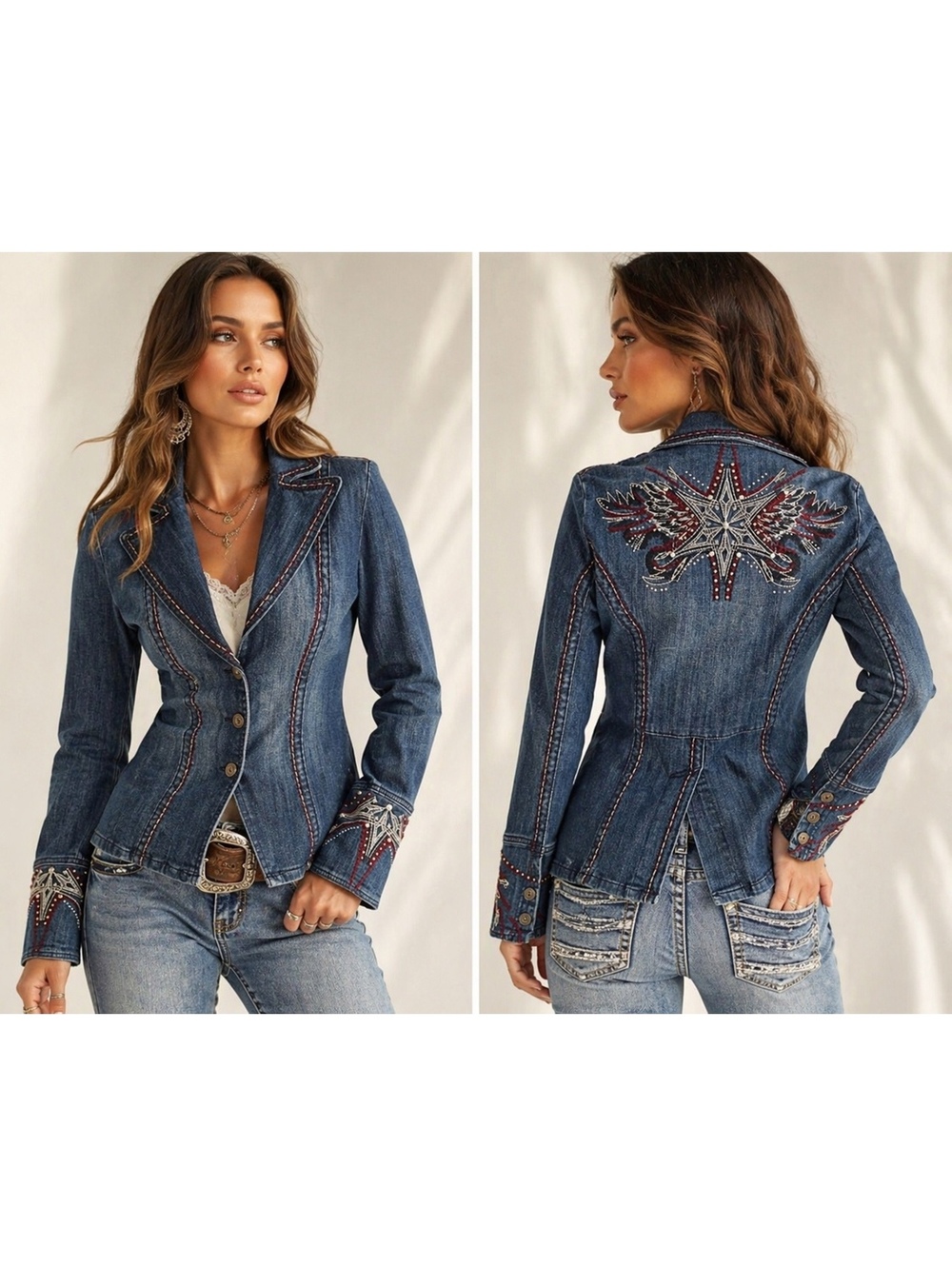 ETHYL Vintage Style Denim Embellished Fitted Blazer NWT Size Small MSRP $149USD